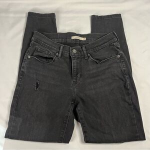 Levi Women size 28 Curvy Skinny Black Denim Distressed Jean Zip Fly Hemmed